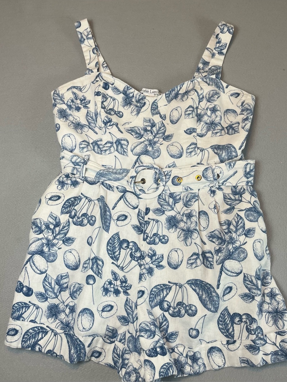 Christian Lacroix Toile Fruit Print Romper | Large | Cottagecore Linen Blend
